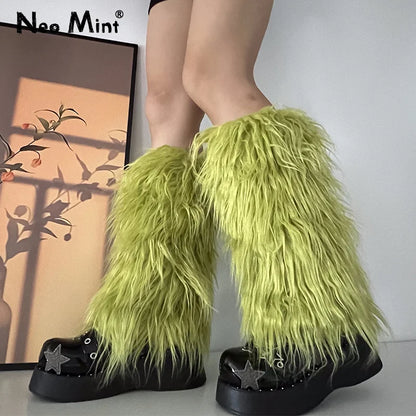 Luxury Shag Furry Faux Fur Leg Warmers Women Colorful Solid Gogo Fluffies Y2k Girls Fashion Cyber Hip Hop Legwarmers Bootcovers