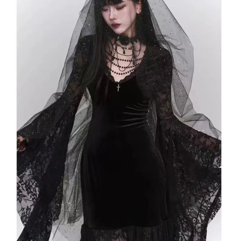 Gothic Black Midi Dresses Women V-neck Irregular Flrae Sleeve Y2k Vintage Lace Bandage Dark Style Harajuku Fashion Clothing New