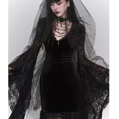 Gothic Black Midi Dresses Women V-neck Irregular Flrae Sleeve Y2k Vintage Lace Bandage Dark Style Harajuku Fashion Clothing New