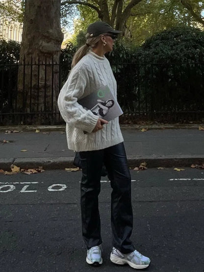 Casual Knitted Long Sleeve Sweaters Women Loose White Half High Neck Pullover Sweater Female Autumn Simple Chic High Street Tops