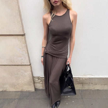 Fashion Ribbon Ruffles Slim Dress For Women Sleeveless Streetwear Long Solid Dress Autumn Lady Club Party Maxi Vest Dress