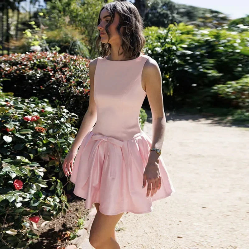 Bow Backless Pleated Sleeveless Mini Dress