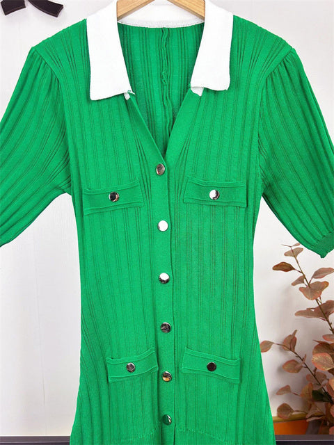 V-Neck Knit Contrast Long Dress Women Hollow Out Lapel Fashion High Waist Elegant Party Dress Knitwear Ladies Maxi Dress