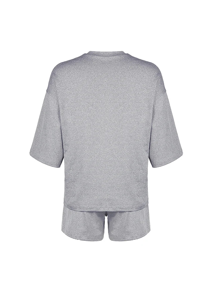 Gray Solid O Neck Loose Basic Casual Half Sleeve T Shirt And Shorts 2 Pieces Sets Women Leisure Homewear