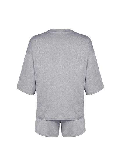 Gray Solid O Neck Loose Basic Casual Half Sleeve T Shirt And Shorts 2 Pieces Sets Women Leisure Homewear