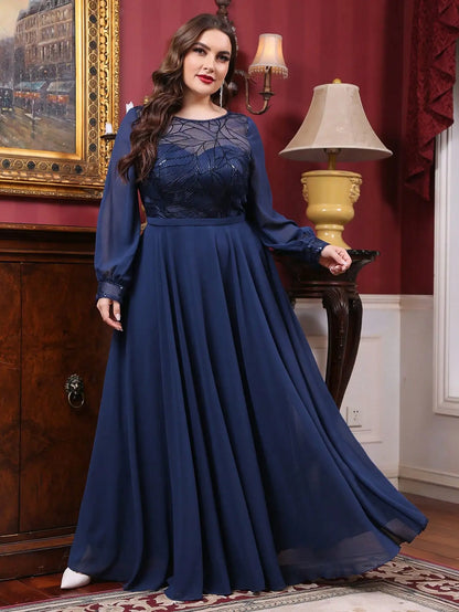 plus size Round neck see-through sequin embroidery patchwork lantern long sleeve chiffon full skirt Evening gown