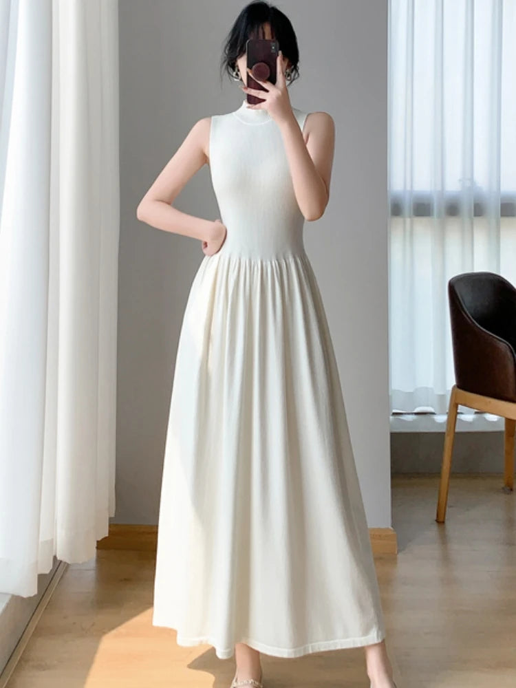 Spring Summer New Casual Elegant Sleeveless Knitted Midi Dress Slim Elegant Ladies Robe