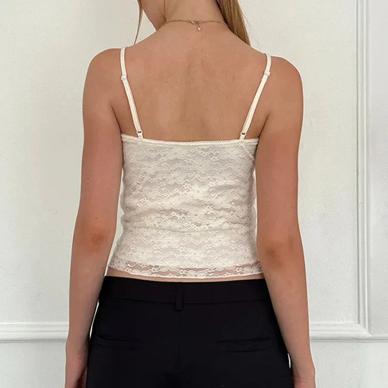 Voguable Sweet Floral Lace Patchwork Crop Top White Black Coquette Aesthetic Double Layer Folds Camis Y2K Cute Vest  Women