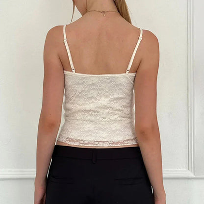 Voguable Sweet Floral Lace Patchwork Crop Top White Black Coquette Aesthetic Double Layer Folds Camis Y2K Cute Vest  Women