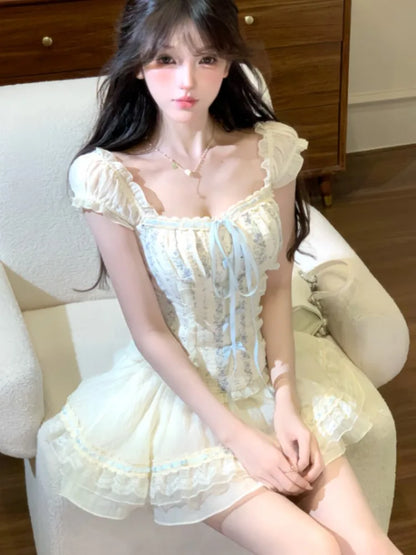Y2K Two-piece Skirt Set Off Shoulder Square Collar Lace-up Cropped Top A-line Mini Skirt Sweet Summer New Slim Princess Outfits