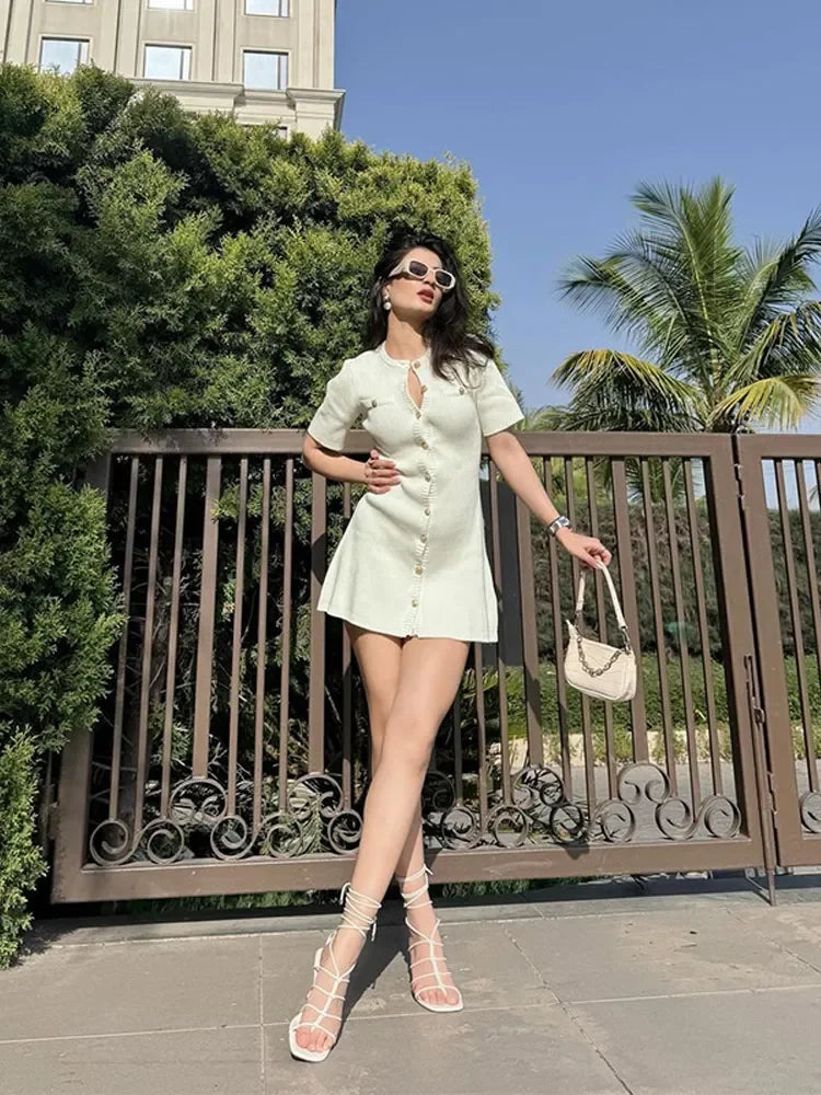 Knitted Dress for Women Streetwear Vintage Fashion Dresses Solid Slim Button Short Sleeve Mini 2024 New Spring Summer Dress