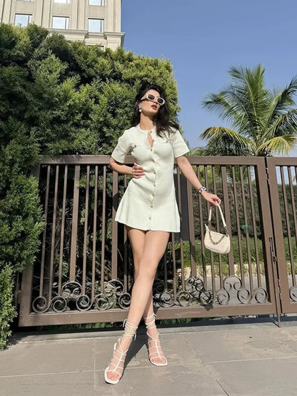 Knitted Dress for Women Streetwear Vintage Fashion Dresses Solid Slim Button Short Sleeve Mini 2024 New Spring Summer Dress