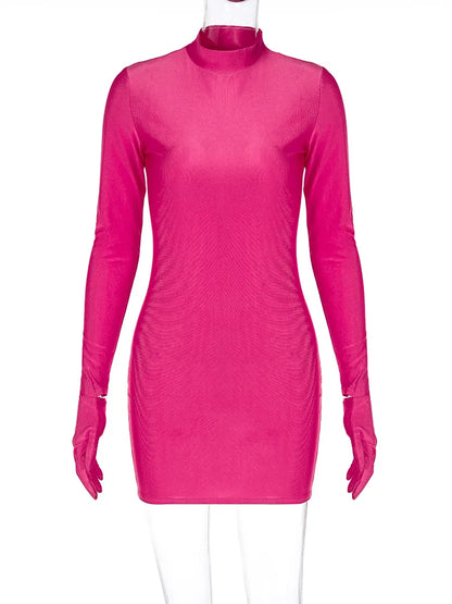 Solid Long Sleeve With Gloves Mini Dress Bodycon Streetwear Party Half Turtleneck Outfits Y2K Clothes Wholesale