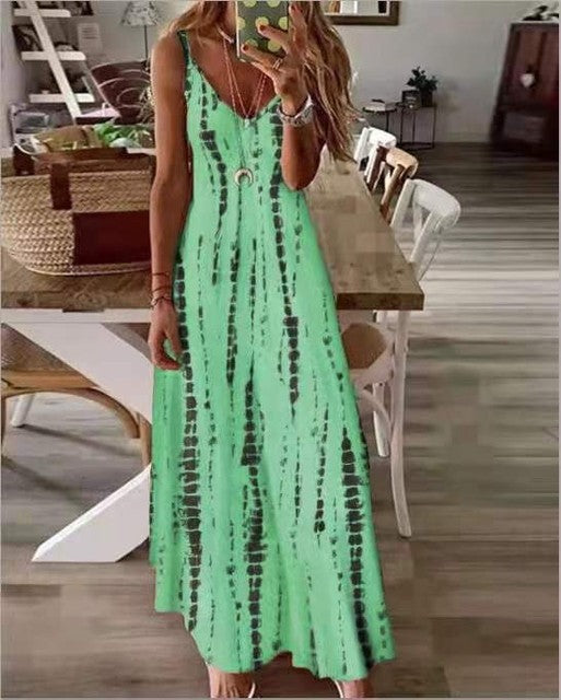 Casual Printed Maxi Spaghetti Strap Dresses For Women V-neck Backless A-line Long Dress Fashion Bohemian Style Beach Vestidos