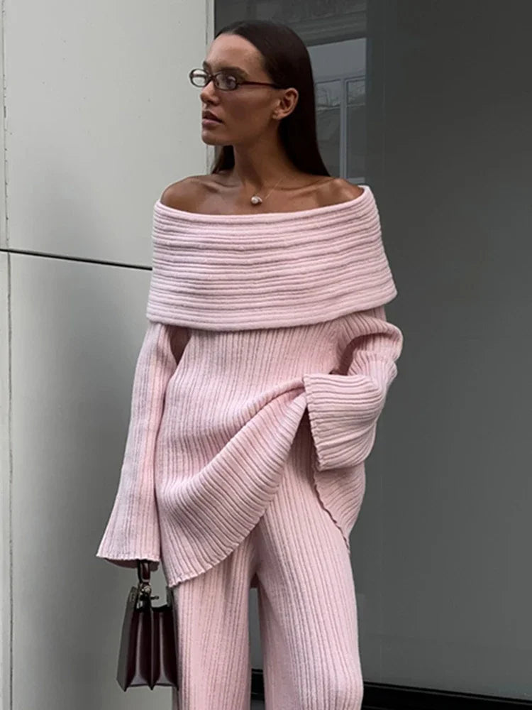 Elegant One-Shoulder Knitted Dress For Women Loose Sexy Rib knit Sweater Autumn Winter Midi Dresses Female Long Sleeve