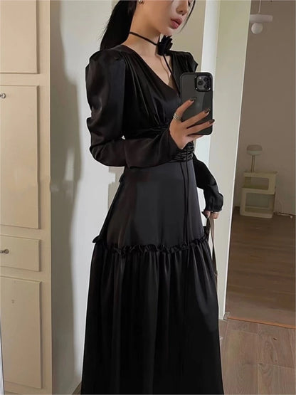 Autumn Satin Midi Dresses for Women Long Sleeve V-neck Folds Design A-line Korean Fashion Office Lady One Piece Vestidos New