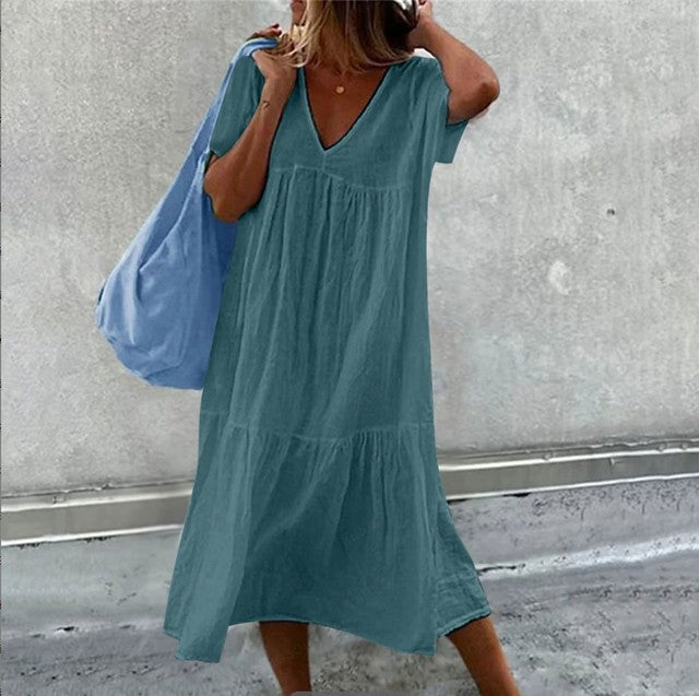 Solid Color Cotton Linen Midi Dresses Women Fashion Casual V-neck Short Sleeves Loose Dress Simple Style Lady Commuting Vestidos