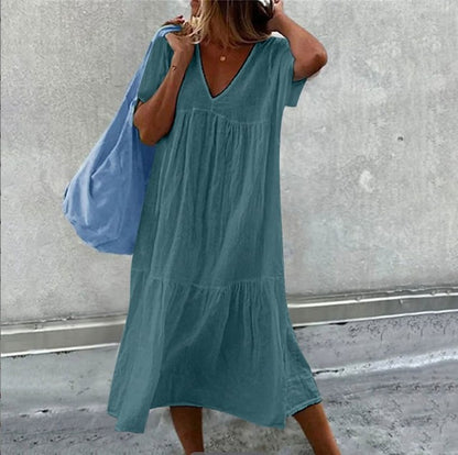 Solid Color Cotton Linen Midi Dresses Women Fashion Casual V-neck Short Sleeves Loose Dress Simple Style Lady Commuting Vestidos