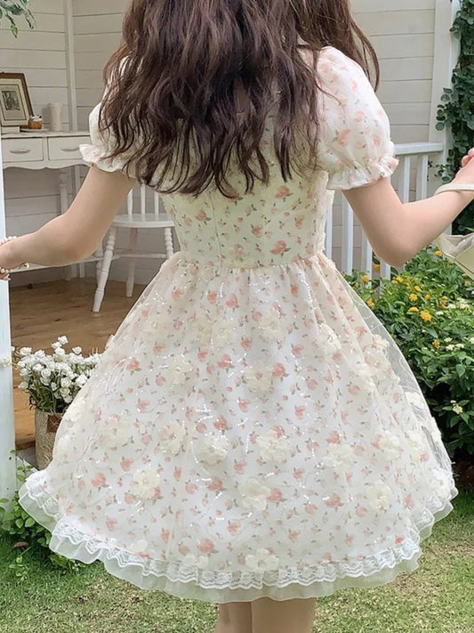 French Vintage Floral Lolita Short Dresses for Women Puff Sleeve Lace Mesh Ruffles A-line Korean Fashion One Piece Vestido Mujer