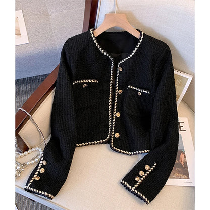 Cropped Black Tweed Jacket Women Vintage Suit Quilted Coat Winter Short Blazer Ladies Korean Elegant Thick Outerwear Tops