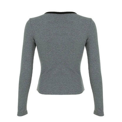 Solid Chain Print O-Neck Long Sleeve Women Blouses Gothic Punk Chic Fashion Autumn Basic Trendy Top Tees