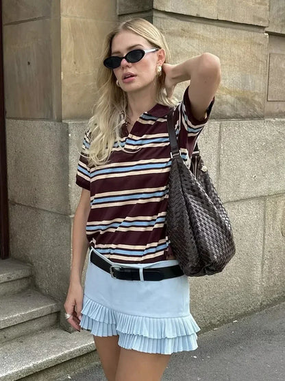 Striped Contrast Short Sleeve T-shirt Women Buttons Turndown Collar Tee Shirt Spring New Streetwear Vintage Chic Top Tees 2025