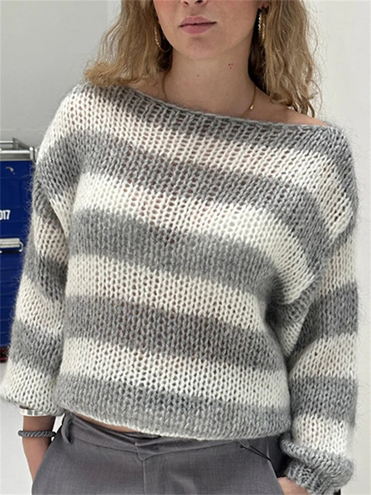 Knit Sweater Pullover Female Striped Hollow Out Loose Contrast Long Sleeve Patchwork Autumn  Knitwear Women&#8217;s Sweater