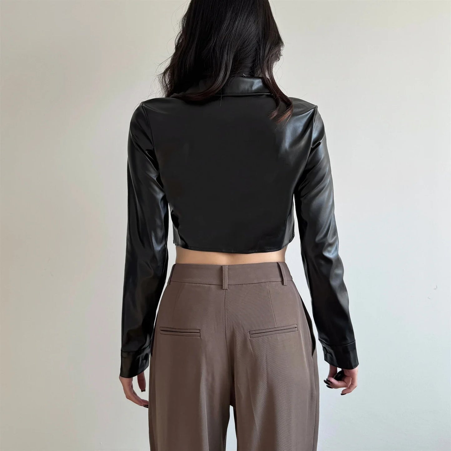 Button Detail Short Faux Leather Jacket