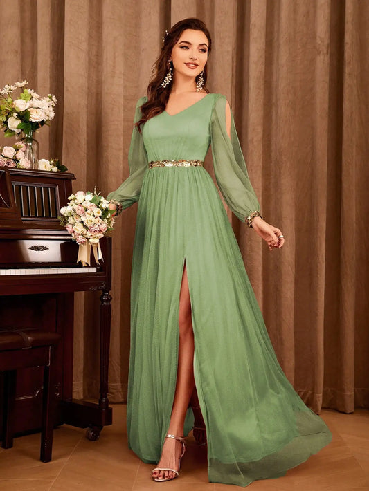 V-neck gauze applique slit elegant Evening gown Ball dress Party dress Bridesmaid dress