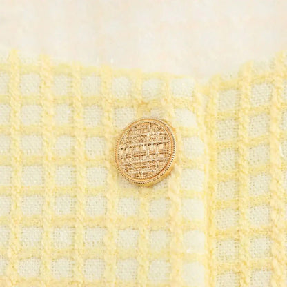 Autumn O neck Yellow Plaid Tweed Coat Cropped Vintage Women Front Pockets Gold Buttons Short Blazer Elegant Jacket