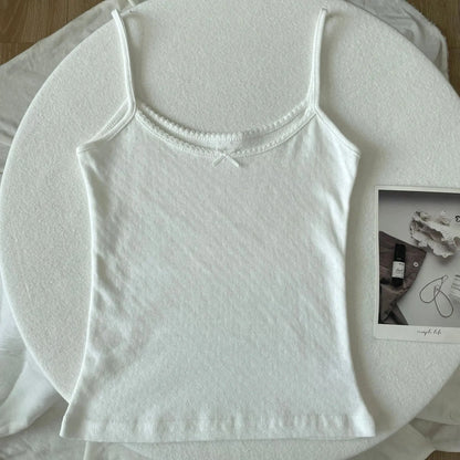 Floral Eyelet Bow Cotton Crop Tops Lace Trim Sleeveless Slim Tank Top Preppy Style Sweet Camisole Y2k Clothes