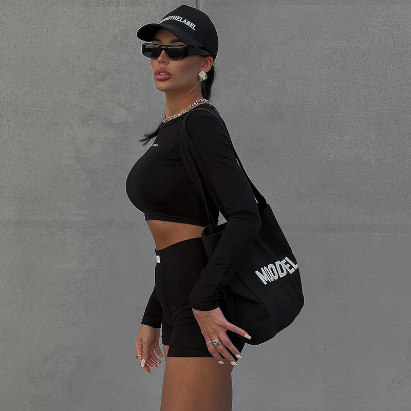 European and American Spring/Summer Round Neck Long Short sleeved 3/4 Shorts Two piece Women’s Fashion Sports Versatile Set