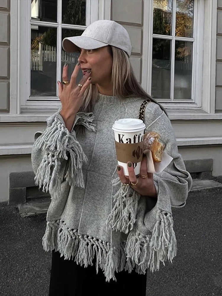 Vintage Solid Pleated Tassel Sweaters Women Casual Loose Knitted Pullover Sweater Female Autumn Chic Elegant High Street Tops