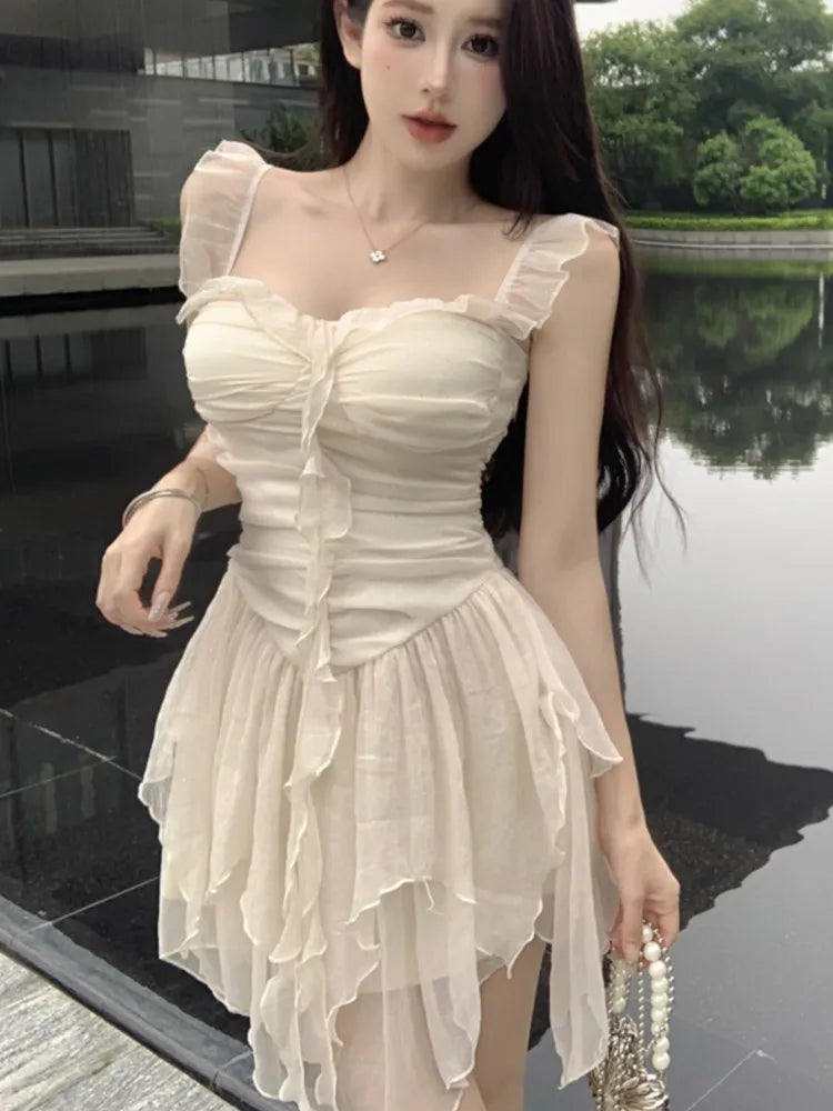 Y2K Irregular Ruffles Short Dresses for Women Spaghetti Strap High Waist A-line Summer New Korean Fashion One Piece Party Dress