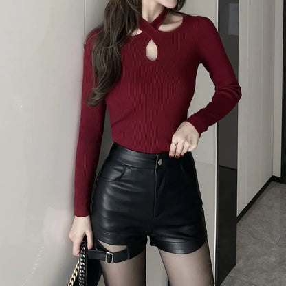 High-Waist Lace-Up Leather Shorts