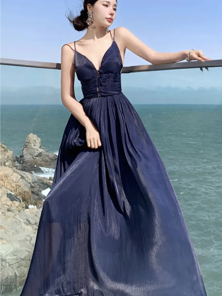 Summer New Spaghetti Strap Long Dresses for Women V-neck A-line Evening Party Dress Backless Prom Robe One Piece Vestido Mujer