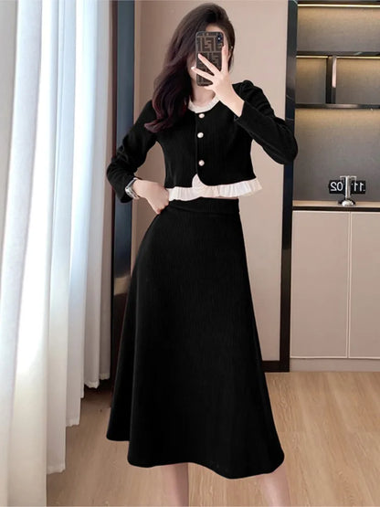 Autumn Winter Corduroy Two-piece Skirt Set Women Long Sleeve Ruffles O-neck Top Solid Midi Skirt Korean Fashion Outfits New