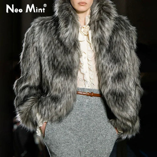 Luxury Brand Runway Fluffy Faux Fur Coat Women Luxurious Fox Fur Stand Collar Short Jacket  Winter Streetwear Overcoat