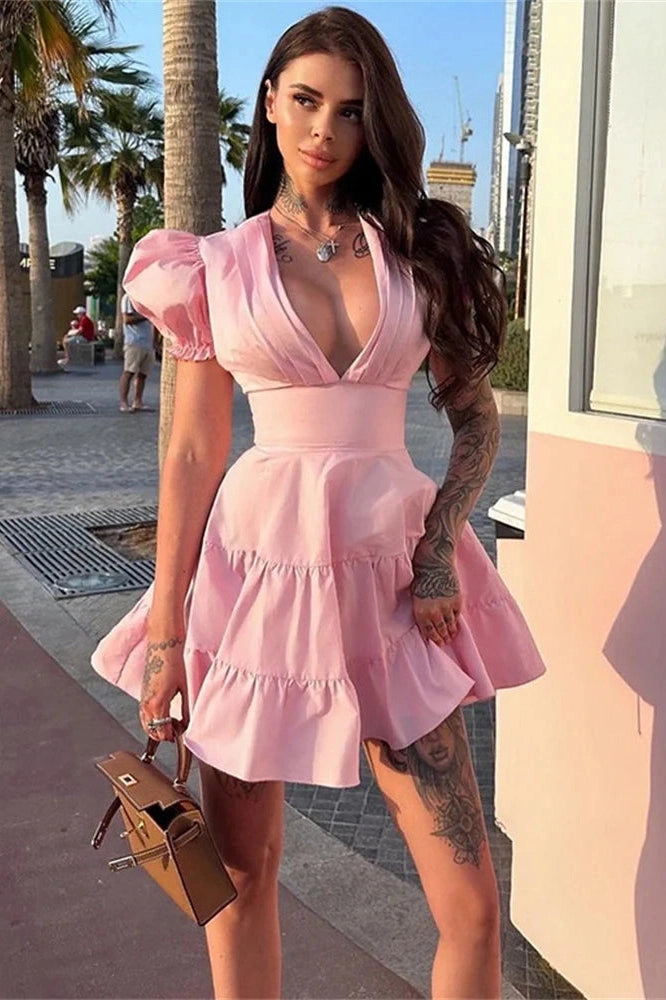 V-Neck Patchwork Short Sleeves Mini Dress