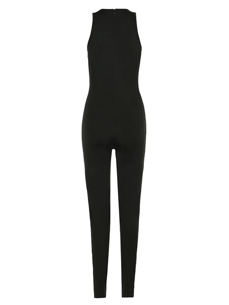 Black Solid Sleeveless Skinny Sexy Vest Jumpsuits For Women Gray O Neck Simple Basic Casual Summer Sports Overalls