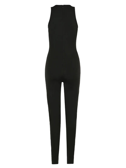 Black Solid Sleeveless Skinny Sexy Vest Jumpsuits For Women Gray O Neck Simple Basic Casual Summer Sports Overalls
