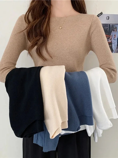 Fashion Ribbed Women Sweater Knitted Soft Pullovers Jumpers Basic Solid Soft Long Sleeve Sweaters For Women Autumn Winter Tops