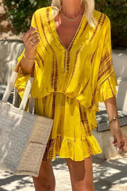 Printed V-Neck Long Sleeves A-Line Mini Dress