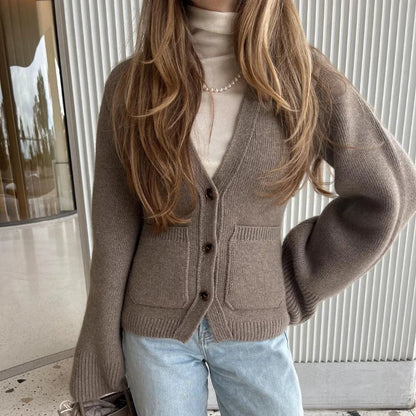 Cárdigan clásico de punto abotonado para mujer con cuello en V | Ideal para otoño/invierno