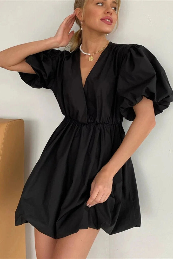 V-Neck High Waist Pleated Mini Dress with Short Sleeves