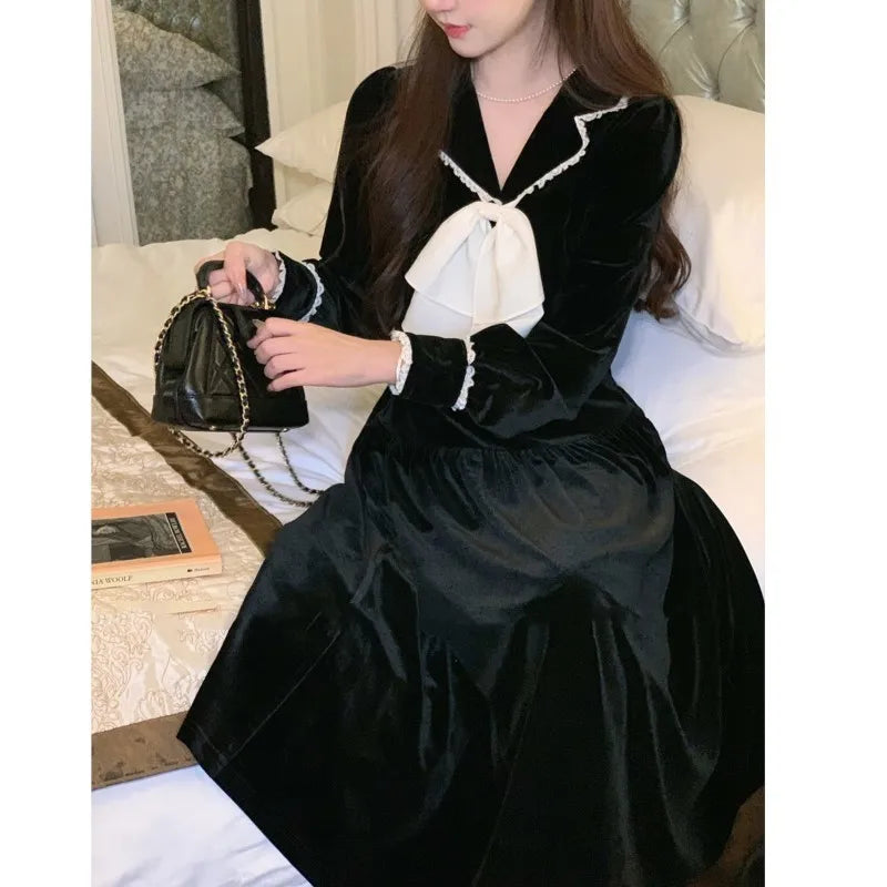Elegant Vintage Lapel Midi Dresses for Women Bow Long Sleeve Birthday Party Dress A-line Autumn New Korean Fashion Vestido Mujer
