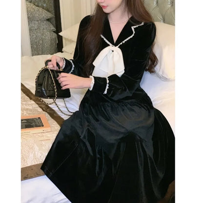 Elegant Vintage Lapel Midi Dresses for Women Bow Long Sleeve Birthday Party Dress A-line Autumn New Korean Fashion Vestido Mujer