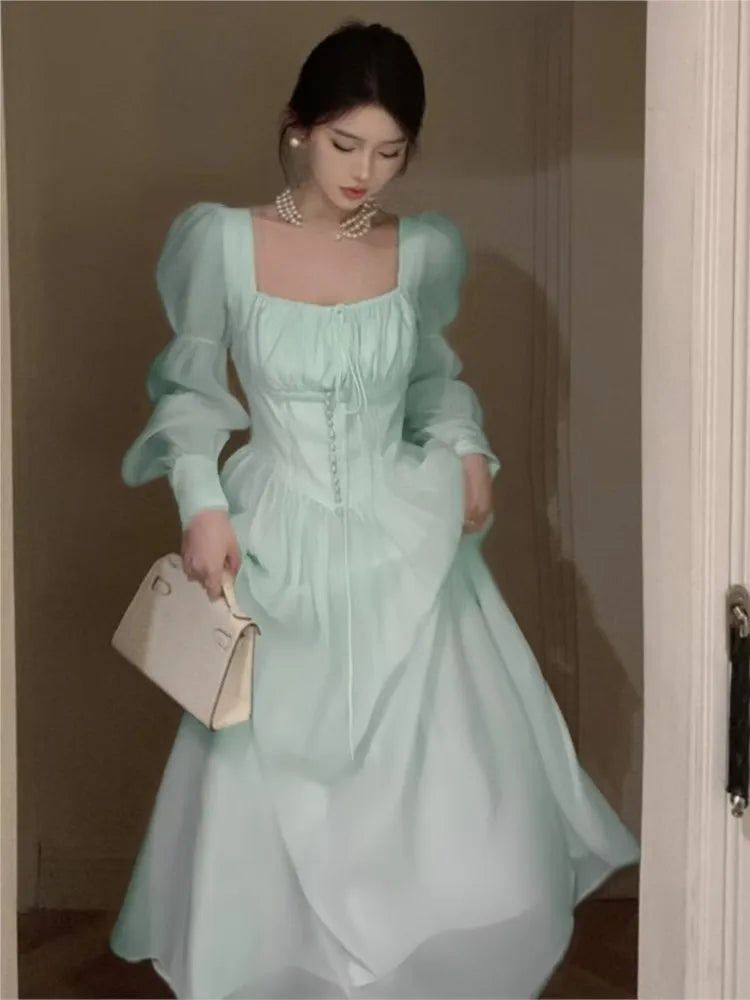 Autumn New Princess Midi Dresses for Women Square Collar Slim Waist Puff Sleeve Vintage Chic Female Clothing One Piece Vestido