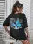 Art Word and Blue Butterfly Printed Women T-Shirt Casual Cotton Short Sleeve Breathable Summer T Shirt Street Clothing
