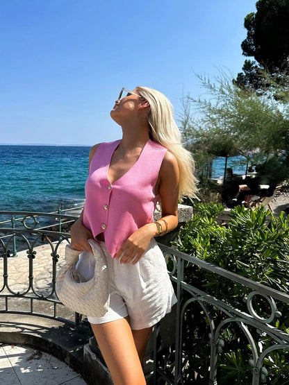 Elegant Knit Short Vest for Women V Neck Single Breasted Sleeveless Waistcoat Pink Top Female  New Lady Classic Streetwear